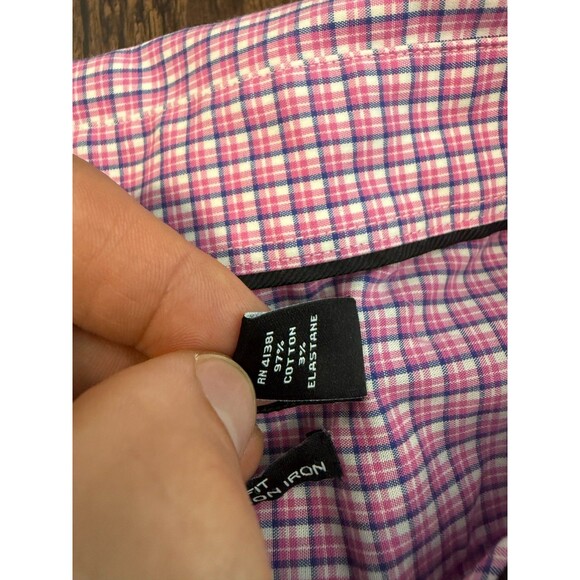 Lauren Ralph Lauren Shirt Mens 17.5 32/33 Pink Plaid Slim Fit Stretch Non-Iron - Picture 3 of 9